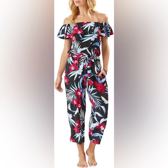 Tommy Bahama Midnight Orchid Off-the-Shoulder Cropped Jumpsuit Floral SZ L - Picture 1 of 10